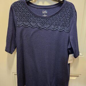 NWT - Croft & Barrow Women Short Sleeve Lace Boat Neck Blouse Blue XL